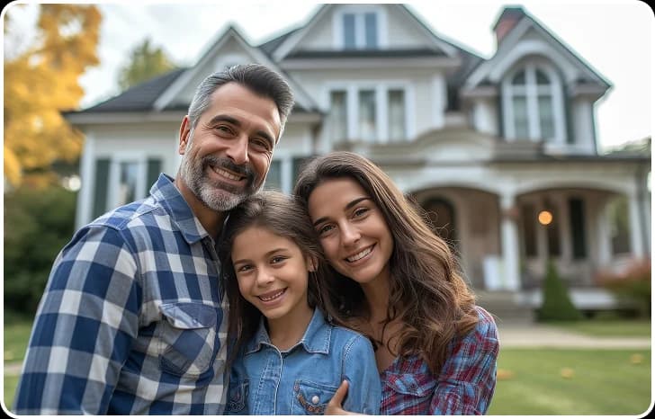 Happy family in front of their home